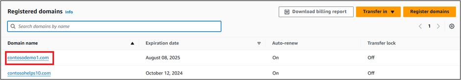 Captura de tela de Domínios Registrados em que você seleciona o Nome de Domínio para o registro TXT do SPF.