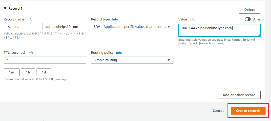 Captura de tela de onde você seleciona Criar registros para adicionar um registro SRV.