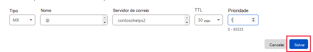 Captura de tela de onde você seleciona Salvar registro para adicionar um registro MX.