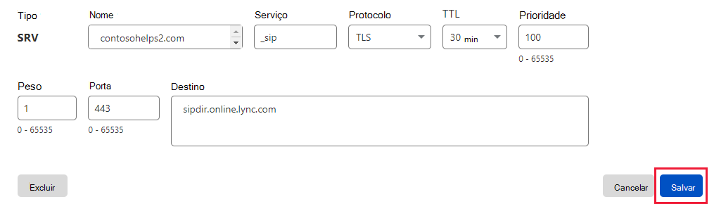 Captura de tela de onde você seleciona Salvar para adicionar um registro SRV.
