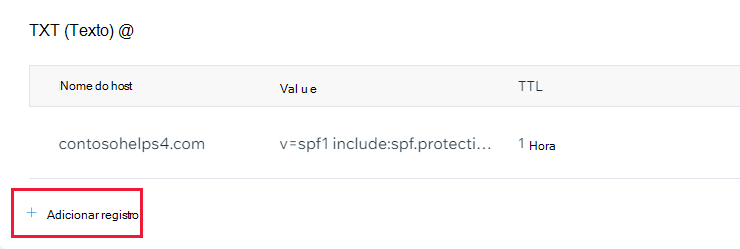 Captura de ecrã a mostrar onde seleciona Adicionar registo para adicionar um registo TXT de verificação de domínio.