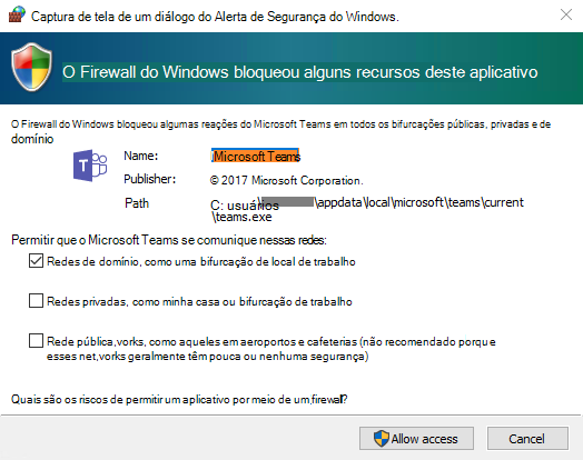 Captura de tela de um diálogo do Alerta de Segurança do Windows.