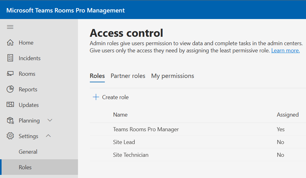 Captura de tela da página Controle de acesso mostrando funções.