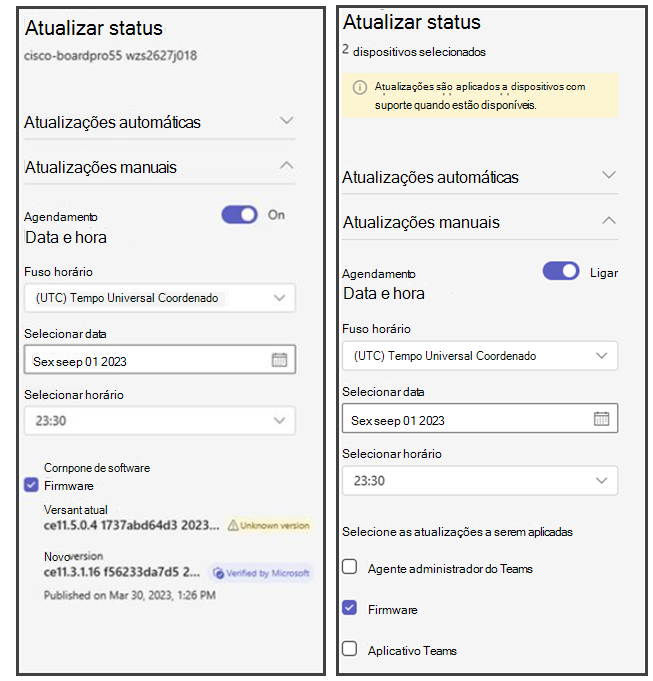 Painel de atualização do estado do dispositivo com dispositivos únicos e múltiplos selecionados.