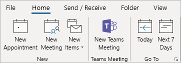 Captura de tela do suplemento reunião do Teams na faixa de opções do Outlook.