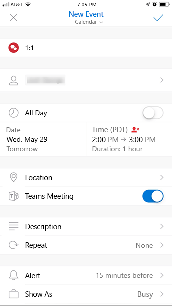 Captura de tela do suplemento Reunião do Teams no Outlook mobile.