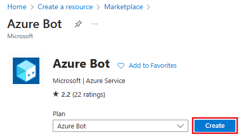 Captura de ecrã a mostrar a criação de Azure bot.