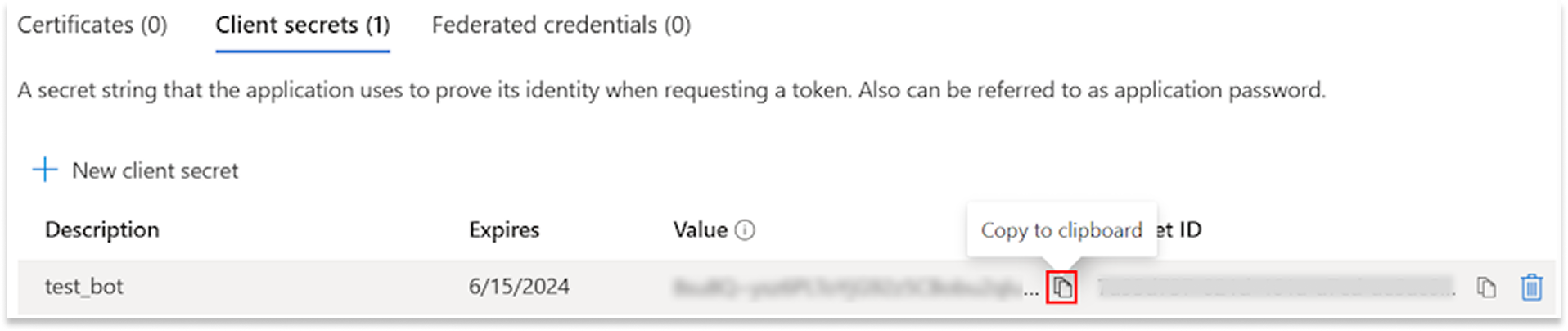 Captura de ecrã a mostrar a opção para copiar o valor do ID do segredo do cliente para copiar o valor para a área de transferência.