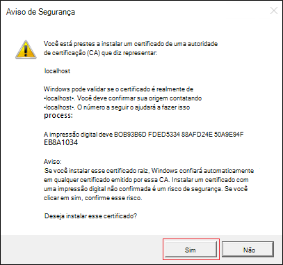 Captura de ecrã a mostrar Aviso de Segurança com a opção Sim realçada a vermelho.