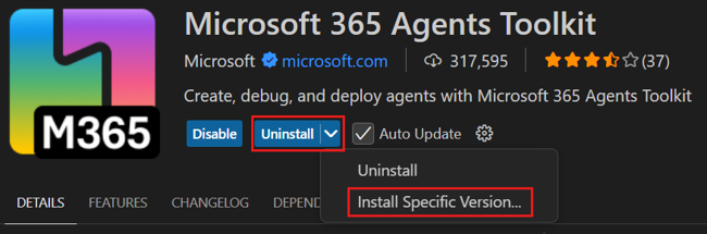 Captura de ecrã a mostrar a opção para selecionar outra versão do Visual Studio Code.