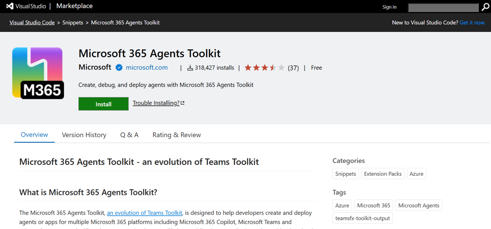 Captura de ecrã a mostrar o ecrã Do Marketplace do Toolkit de Agentes.