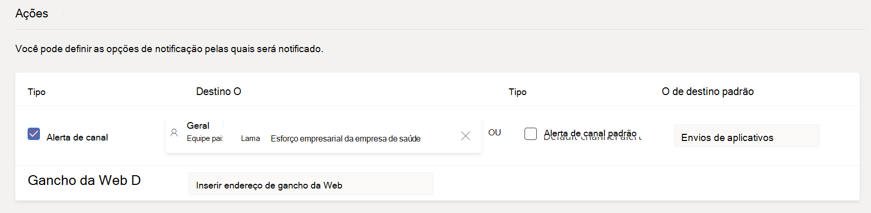 Caixa de seleção de notificações de alertas do canal personalizado.