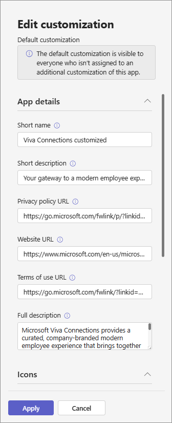 Captura de tela mostrando o nome e a descrição na interface do usuário para personalizar a listagem do aplicativo.
