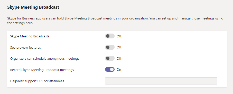 Captura de tela de Reunião do Skype Configurações de transmissão no centro de administração.