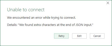 Captura de tela da mensagem de erro ao tentar conectar a um arquivo JSON.