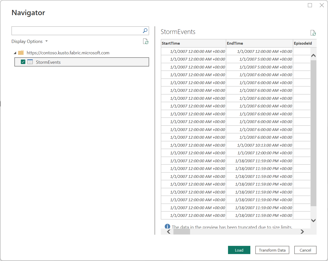Captura de tela do navegador Power Query, com a tabela de eventos de tempestade selecionada.