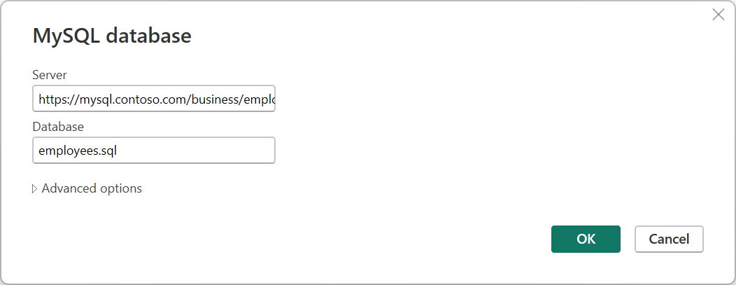 Captura de tela da caixa de diálogo de conexão do banco de dados MySQL.
