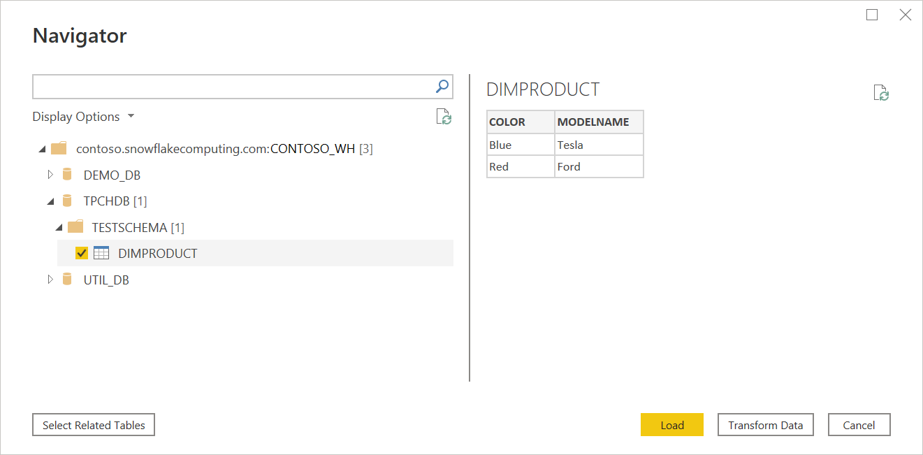 Captura de tela do Navegador com o banco de dados de esquema de teste aberto e a tabela DimProduct selecionada.