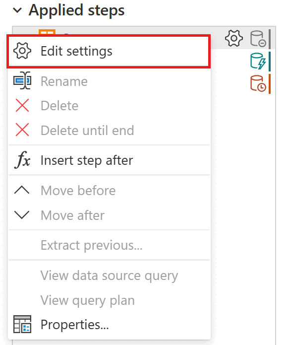Captura de tela do menu de etapa com a opção editar configurações enfatizada.