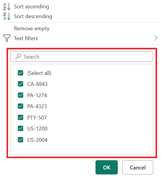 Captura de tela do menu Filtro automático no Power Query com os valores de coluna enfatizados.