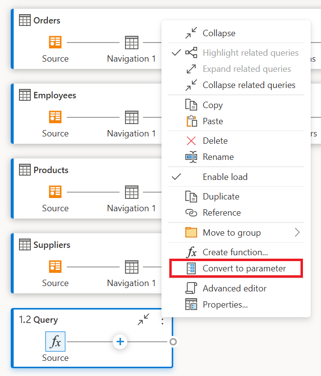Opção “Converter em parâmetro” no menu de contexto da consulta.