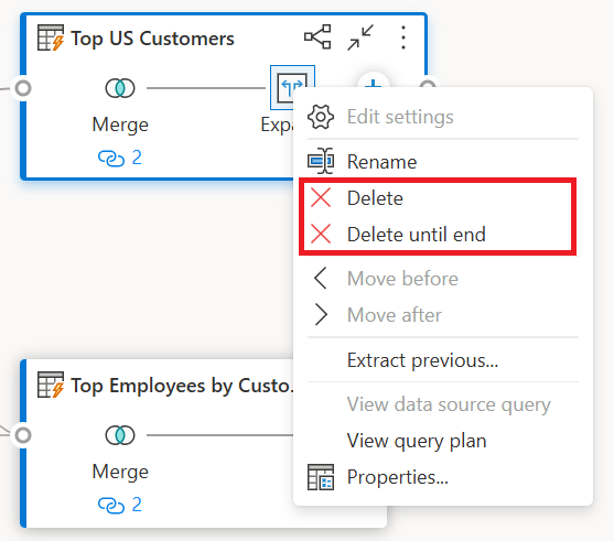 Captura de tela das opções Excluir e Excluir até o final no menu contextual no nível da etapa após clicar com o botão direito do mouse em uma etapa.