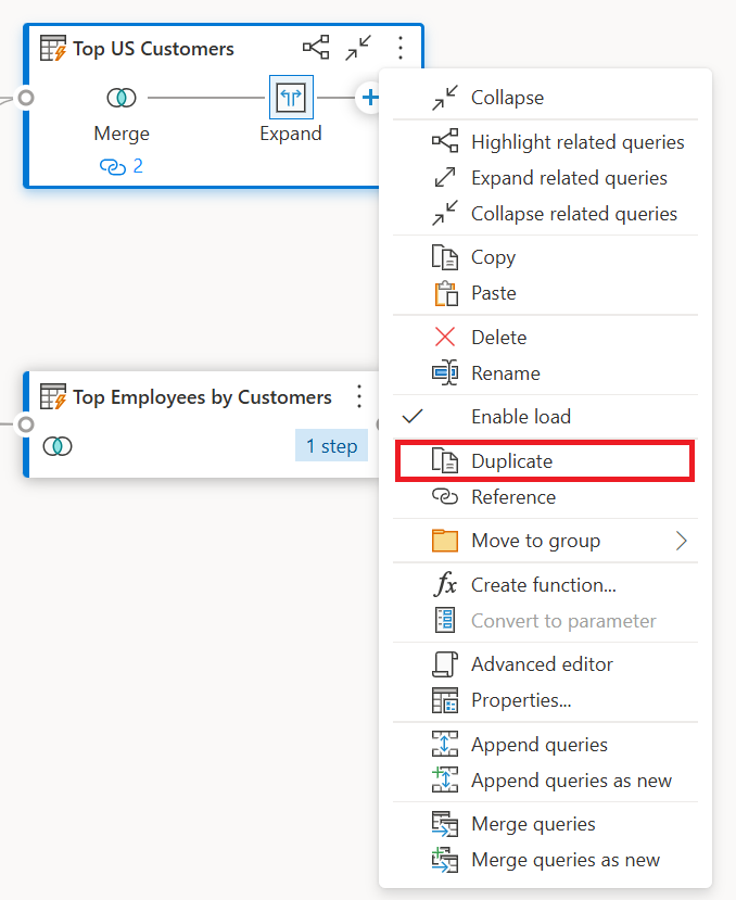 Captura de tela da opção Duplicar no menu contextual da consulta, destacada.