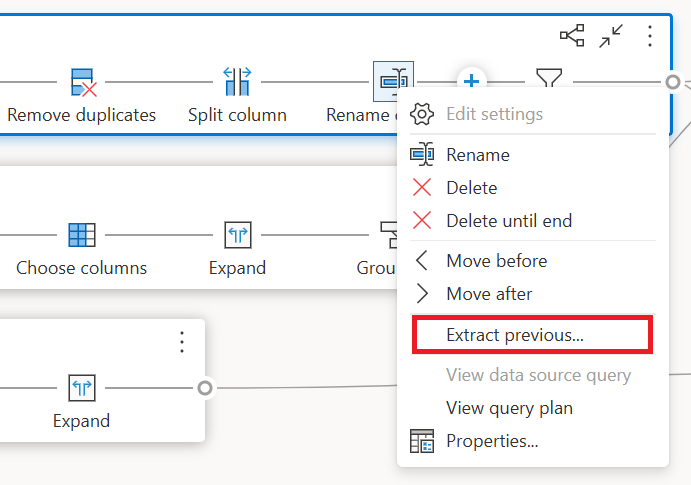 Captura de tela da opção Extrair etapa anterior no menu contextual da etapa após clicar com o botão direito do mouse em uma etapa.