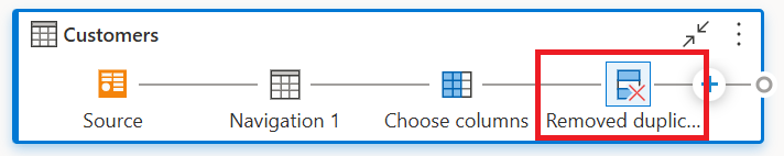 Captura de tela da transformação Remover duplicatas adicionada usando o ícone de mais na consulta, na exibição de diagrama.