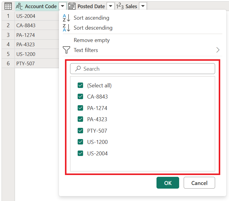 Captura de tela do menu classificar e filtrar com a seção Lista de filtros automático enfatizada.