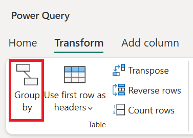 Captura de tela da faixa de opções do Power Query com a opção Agrupar por enfatizada na guia Transformação.