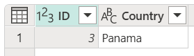 Captura de tela da tabela de países com uma única linha, com ID definida como 3 e País definido como Panamá.