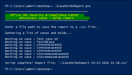Captura de ecrã da consola do PowerShell a mostrar a saída do script CaseHoldsReport.ps1 a listar os resultados da suspensão do caso de Deteção de Dados Eletrónicos.