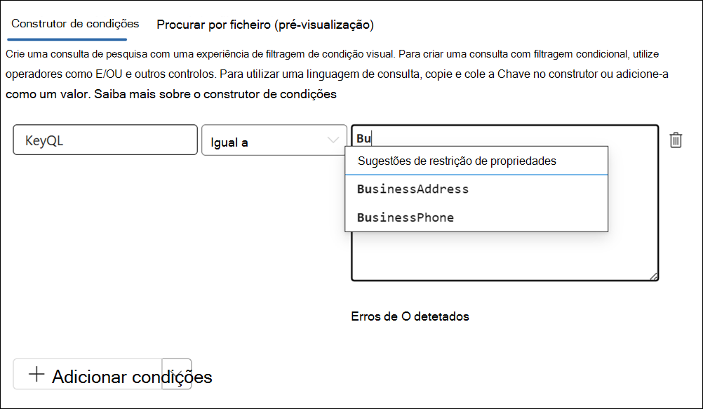 KeyQL editor sugere propriedades suportadas.