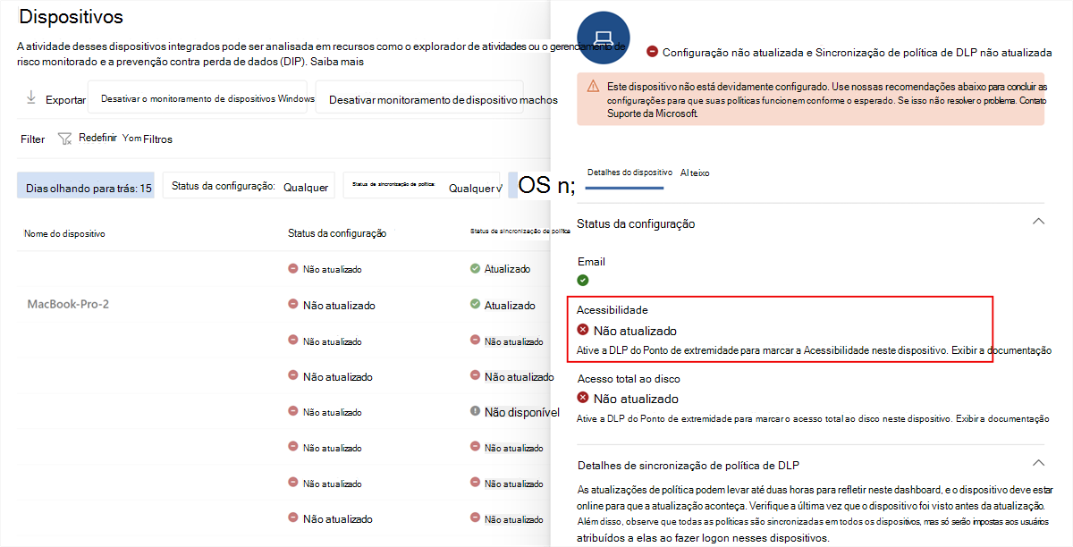 Captura de tela dos detalhes do dispositivo Microsoft Purview mostrando a Acessibilidade com um status Não atualizado.