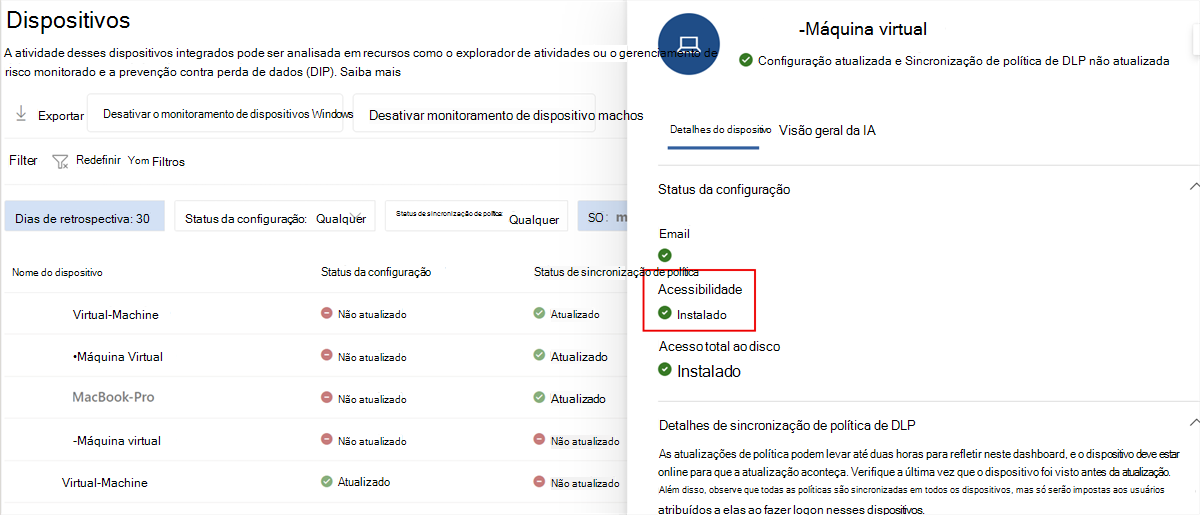 Captura de tela dos detalhes do dispositivo Microsoft Purview mostrando a Acessibilidade com um status Instalado.
