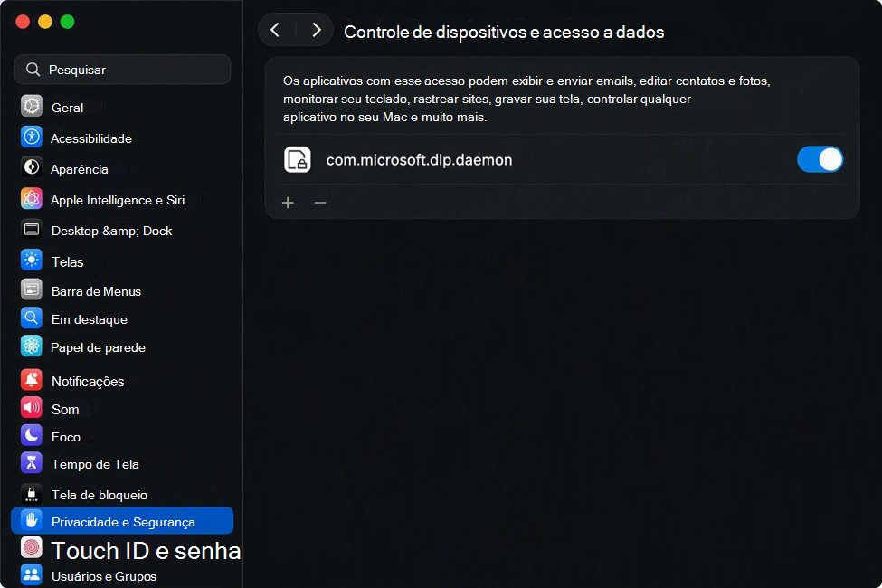 Captura de tela das configurações de Controle de Dispositivos e Acesso a Dados do macOS com permissão habilitada para com.microsoft.dlp.daemon.