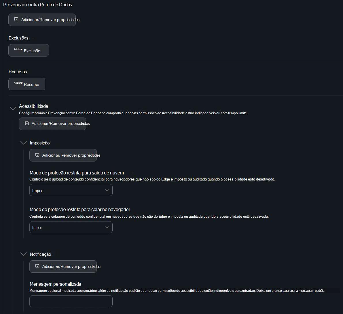 Captura de tela da configuração de prevenção contra perda de dados do Jamf Pro com configurações de aplicação e notificação de acessibilidade.