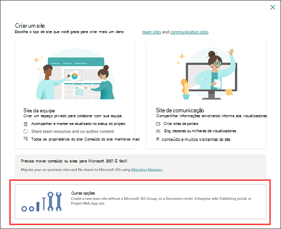 Imagem do painel de criação do site com controles de administrador realçados.