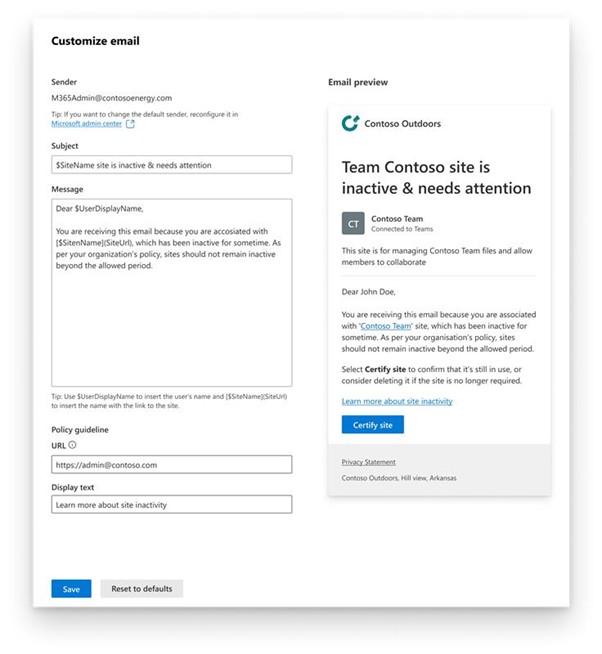 Captura de ecrã a mostrar a janela de personalização de e-mail com campos para o remetente, assunto, mensagem, URL da orientação da política e texto de descrição da orientação da política.