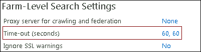 Captura de ecrã das definições de tempo limite do crawler na página Administração de Pesquisa de Farm