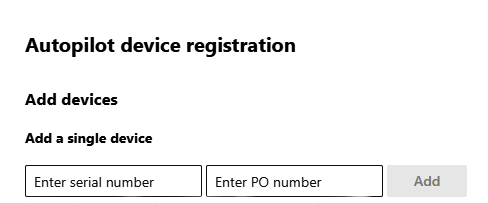 Captura de tela do registro de dispositivos para registro do Windows Autopilot. 