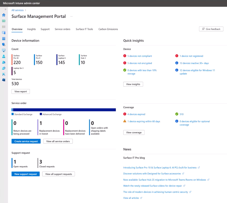 Captura de tela do Portal de Gerenciamento do Microsoft Surface.