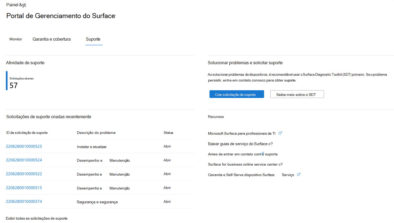 Captura de tela que mostra onde enviar uma nova solicitação de suporte no Portal de Gerenciamento do Surface.
