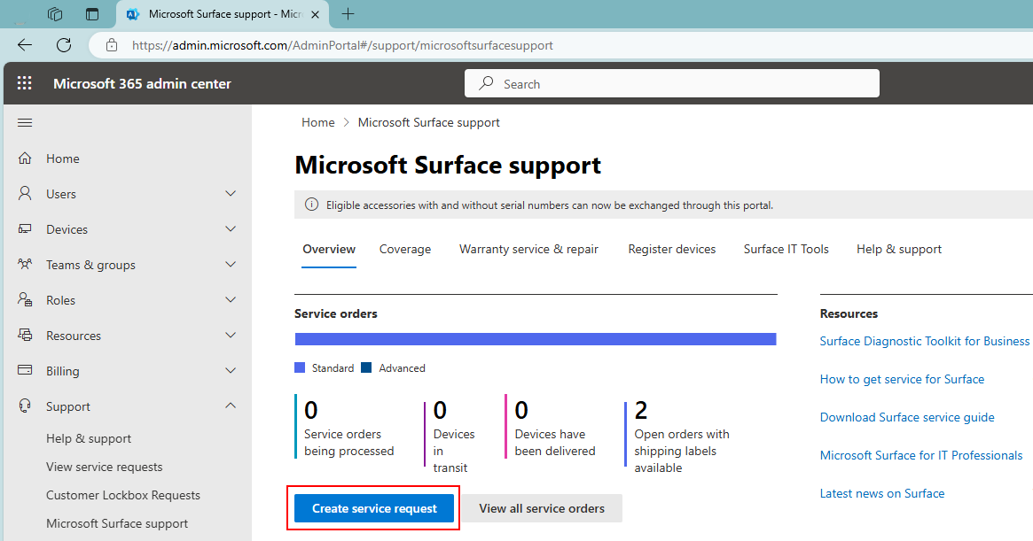 Captura de tela do Centro de administração do Microsoft 365 mostrando o novo recurso de solicitação de reparo.
