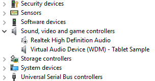 Captura de tela da árvore do Gerenciador de Dispositivos com a Amostra de Dispositivo de Áudio Virtual para Tablet realçada.