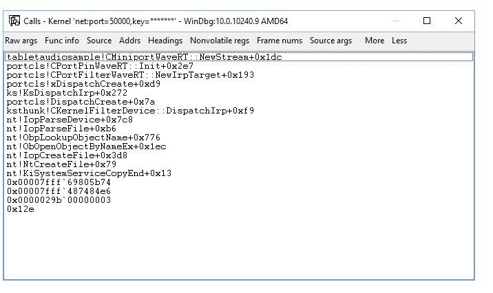 Interface WinDbg exibindo a janela de pilha de chamadas.