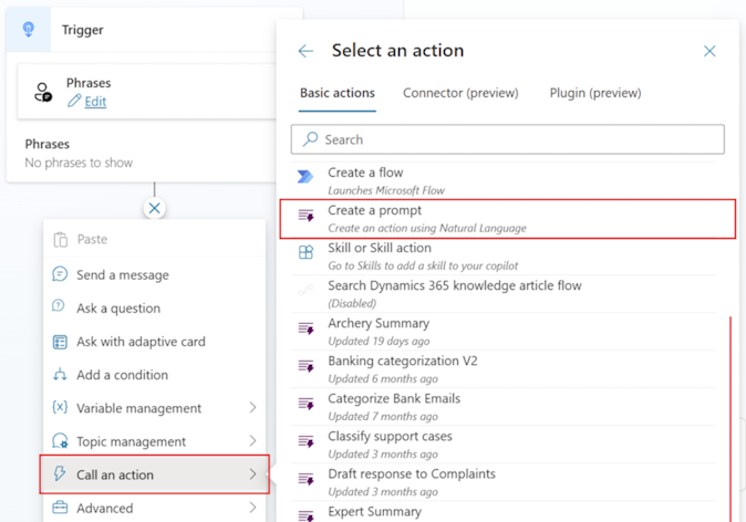 Captura de tela da seleção de ação.