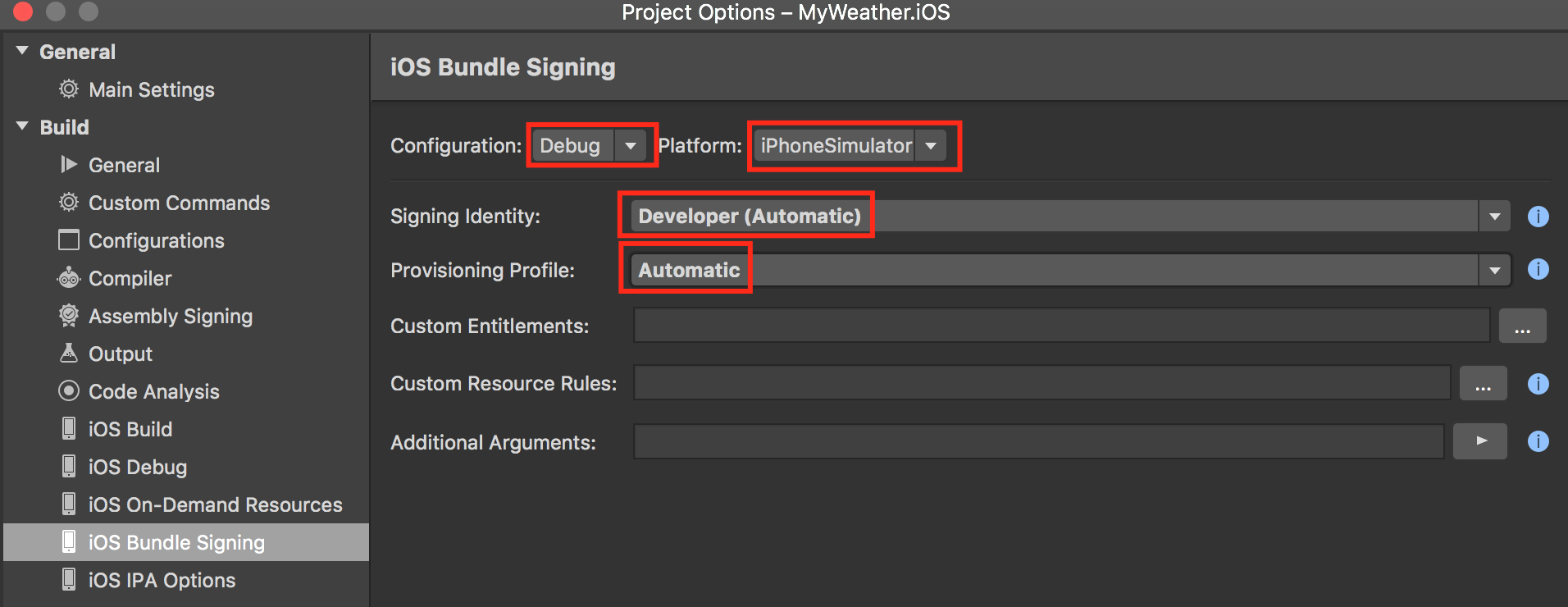 Desabilitar a assinatura para a configuração de depuração no aplicativo Xamarin.iOS