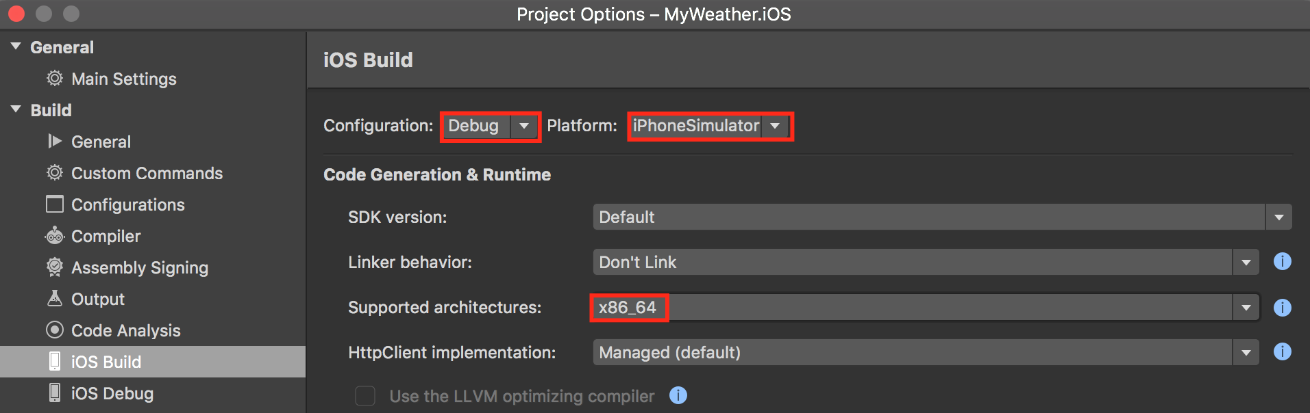Definir x86_64 em Arquiteturas com Suporte para configuração do iPhoneSimulator no aplicativo Xamarin.iOS